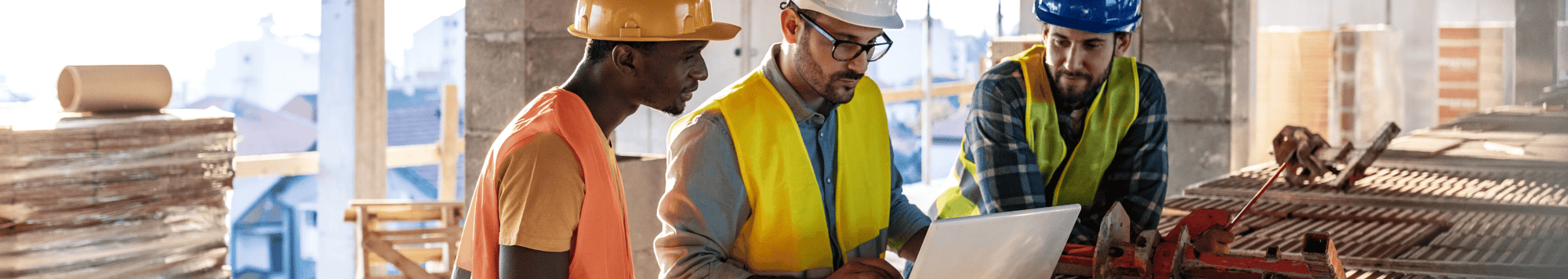 Three men in hard hats and safety vests reviewing information on a laptop at a project site