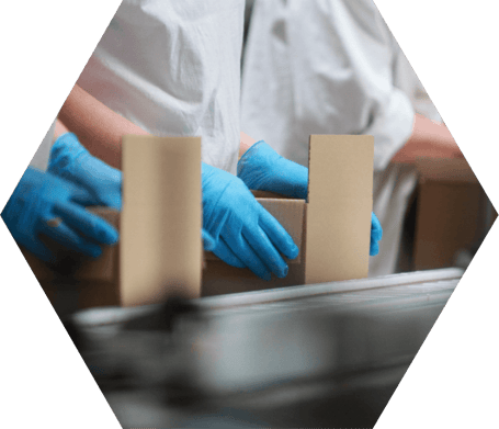 Close-up of a person's gloved hands packaging a box