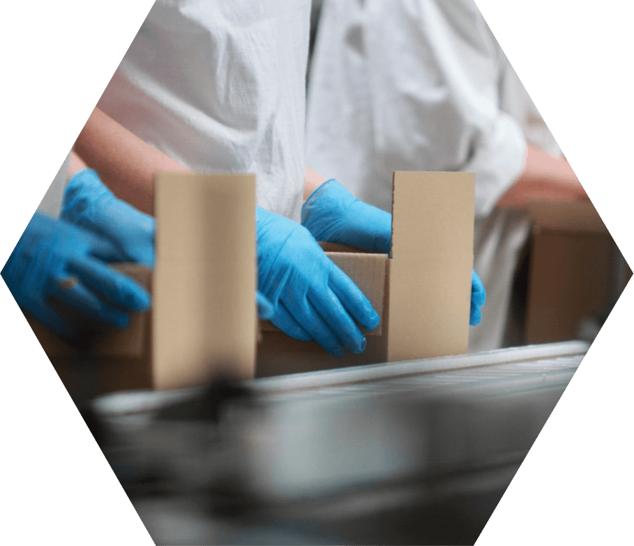 Close-up of a person's gloved hands packaging a box